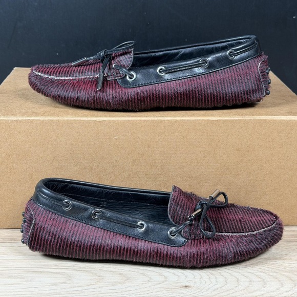 Tod's Shoes - Tods Gommino Driving Shoes Womens 8 Purple Black Pony Hair Striped Loafers Italy